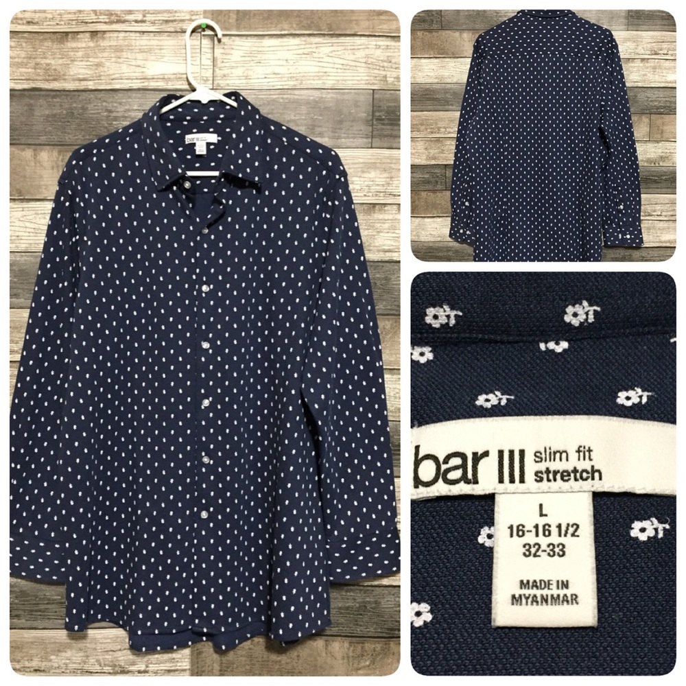 Bar III Slim Fit Stretch Floral Button Up Shirt Men’s L Blue White
